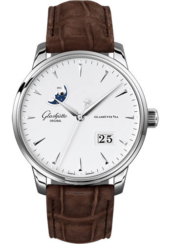 Glashutte Original Watches - Senator Excellence Panorama Date Moon Phase Stainless Steel - Alligator Nubuk Strap - Style No: 1-36-04-05-02-31