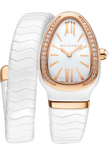 Bvlgari Serpenti Spiga Watch - 35 mm White Ceramic Case - Rose Gold Diamond  Bezel - White Dial - Spiga Single Spiral Ceramic Bracelet - 102613