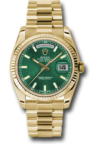 Rolex 118238 Day-Date Green Dial Fluted Bezel Yellow Gold President Bracelet 36 mm Watch