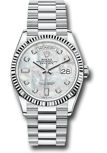 Rolex Platinum Day Date 36 Watch Fluted Bezel White Mother Of Pearl Diamond Dial President Bracelet 128236 mdp