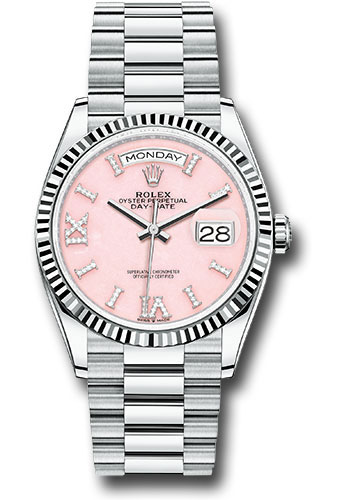 Rolex Platinum Day Date 36 Watch Fluted Bezel Pink Opal Diamond Index Roman 9 Dial President Bracelet 128236 podidrp