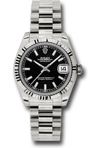 Rolex White Gold Datejust 31 Watch Fluted Bezel Black Index Dial President Bracelet 178279 bkip