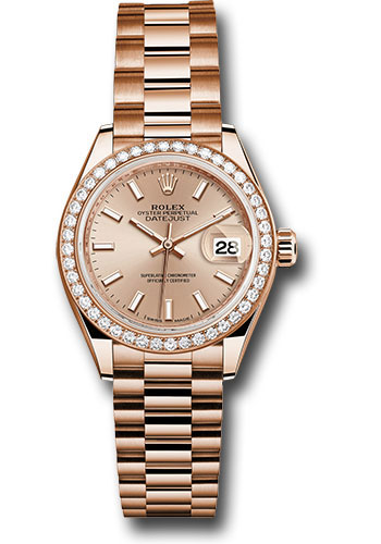 Rolex Watches - Datejust Lady 28 Everose Gold - Diamond Bezel - President Bracelet - Style No: 279135RBR pip