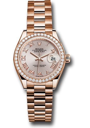 Rolex Watches - Datejust Lady 28 Everose Gold - Diamond Bezel - President Bracelet - Style No: 279135RBR srp