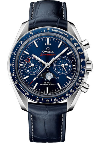 Omega Speedmaster Moonphase Master Chronometer Chronograph Watch 44.25 mm Steel Case Blue Liquid Metal Bezel Blue Dial Blue Leather Strap