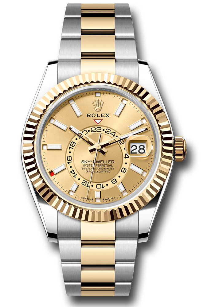 Rolex Yellow Rolesor Sky Dweller Watch Fluted Ring Command Bezel Champagne Index Dial Oyster Bracelet 336933 chio