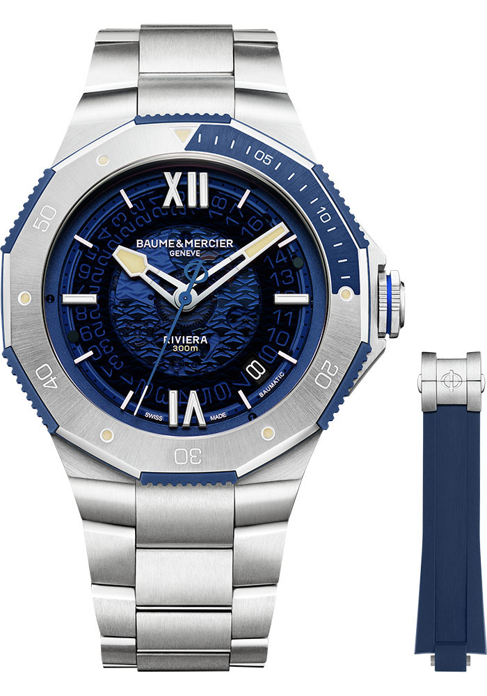Baume & Mercier Riviera Automatic Watch - Date Display - 42mm Steel Case -  Rotating Bezel - Blue Sapphire Dial - Steel Bracelet - M0A10747