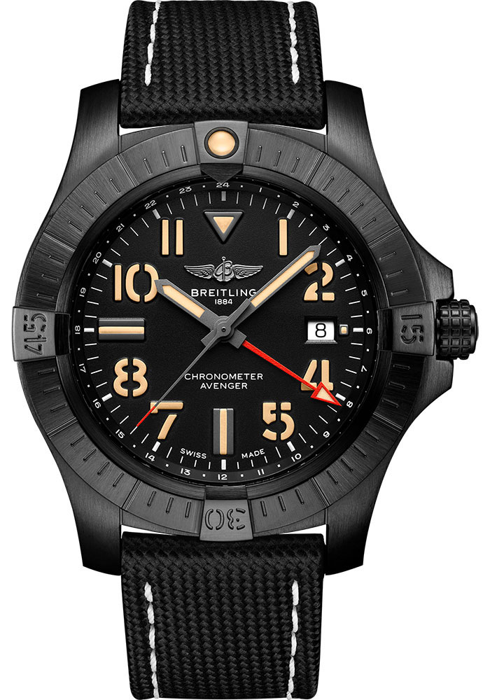 Breitling Watches - Avenger Automatic GMT 45 Black Titanium - Leather Strap - Tang Buckle - Style No: V32395101B1X3