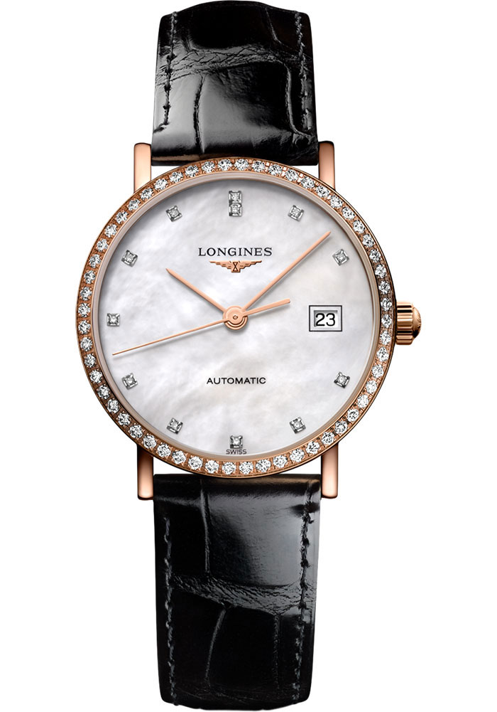 Longines Watches - Elegant Collection 27.2 mm - Pink Gold With Diamonds - Alligator Strap - Style No: L4.378.9.87.4